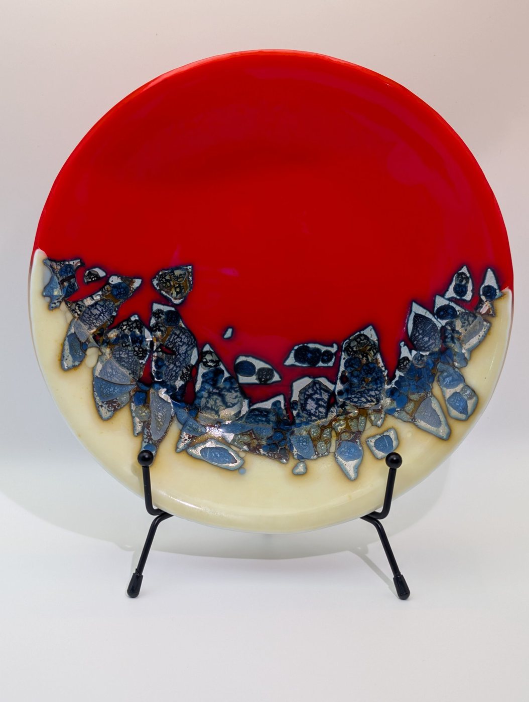 Poppy and Shale Plate, red and ivory fused glass, on a stand